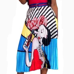 Olive‎ Oil Cartoon Pleated Print Skirt Size Medium